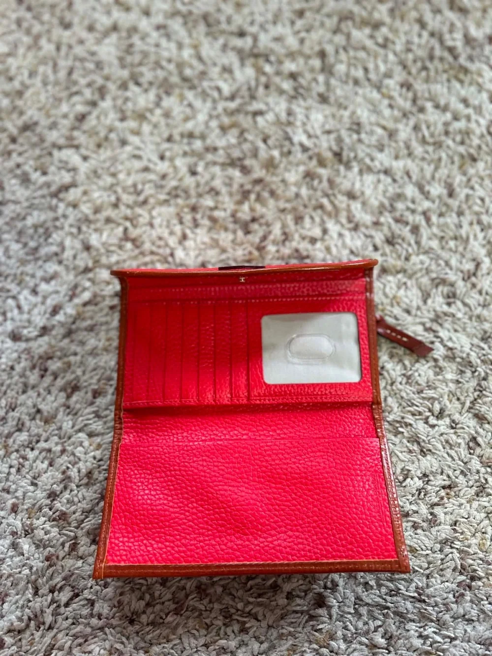 Dooney & Bourke Red Leather Trifold Wallet with Brown Trim
